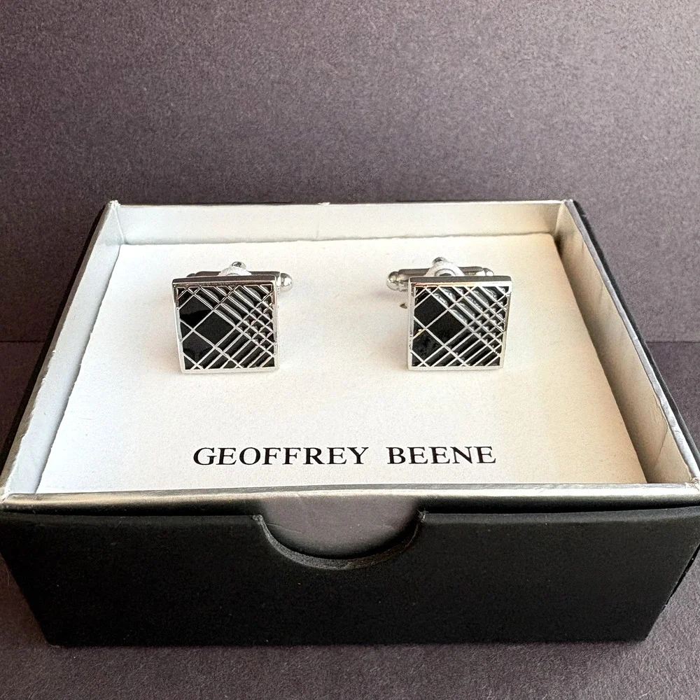 Geoffrey Beene Men's Cufflinks‎ Silver & Black Enamel Square Geometric Classic